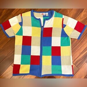2/$30 | Vintage checkerboard zip short sleeve knit cardigan